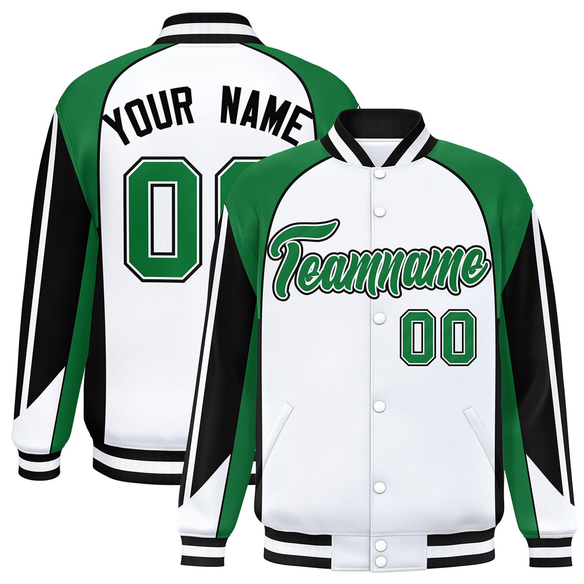 Custom White Kelly Green Varsity Full-Snap Personalized Raglan Sleeves Color Block Letterman Jacket