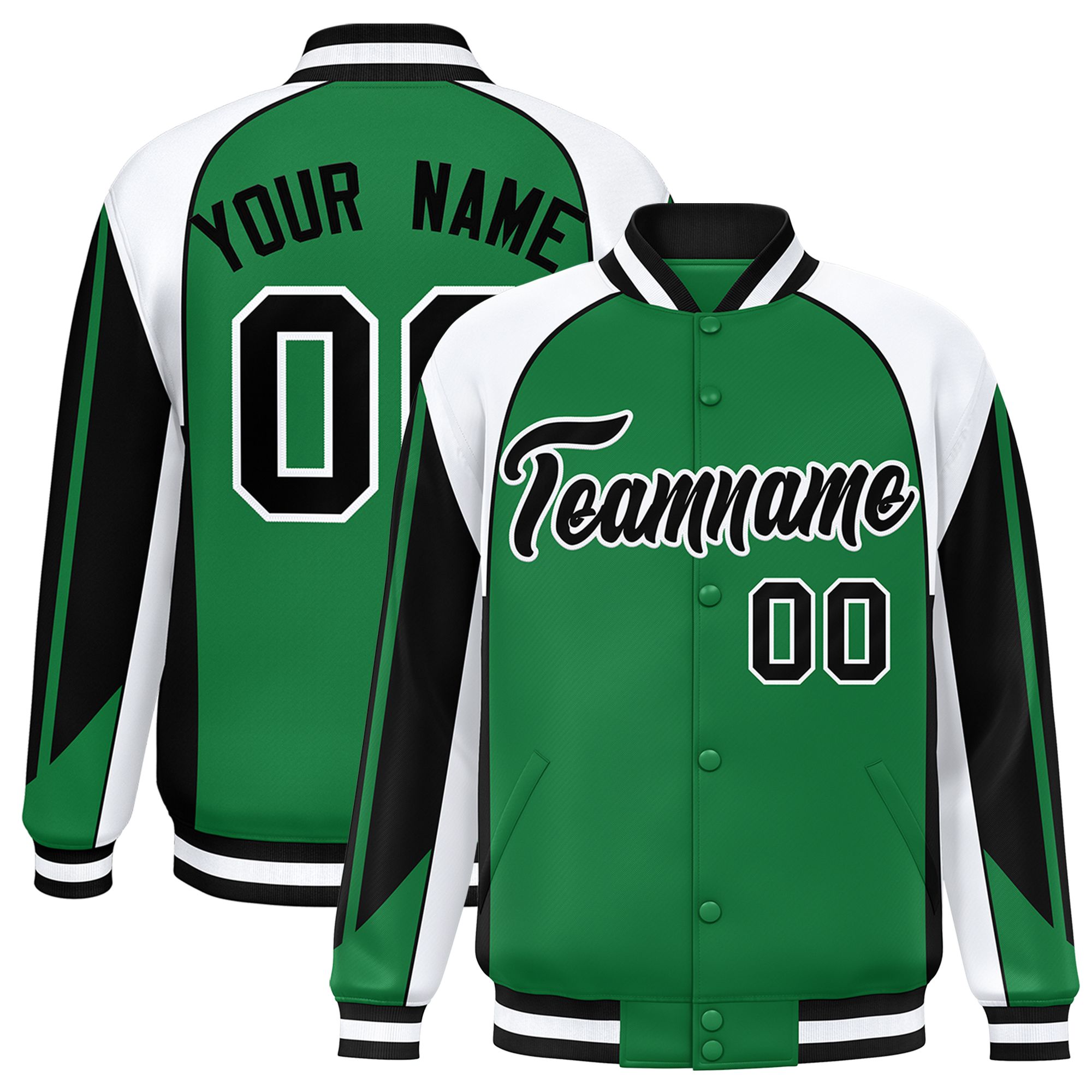 Custom Kelly Green White Varsity Full-Snap Personalized Raglan Sleeves Color Block Letterman Jacket