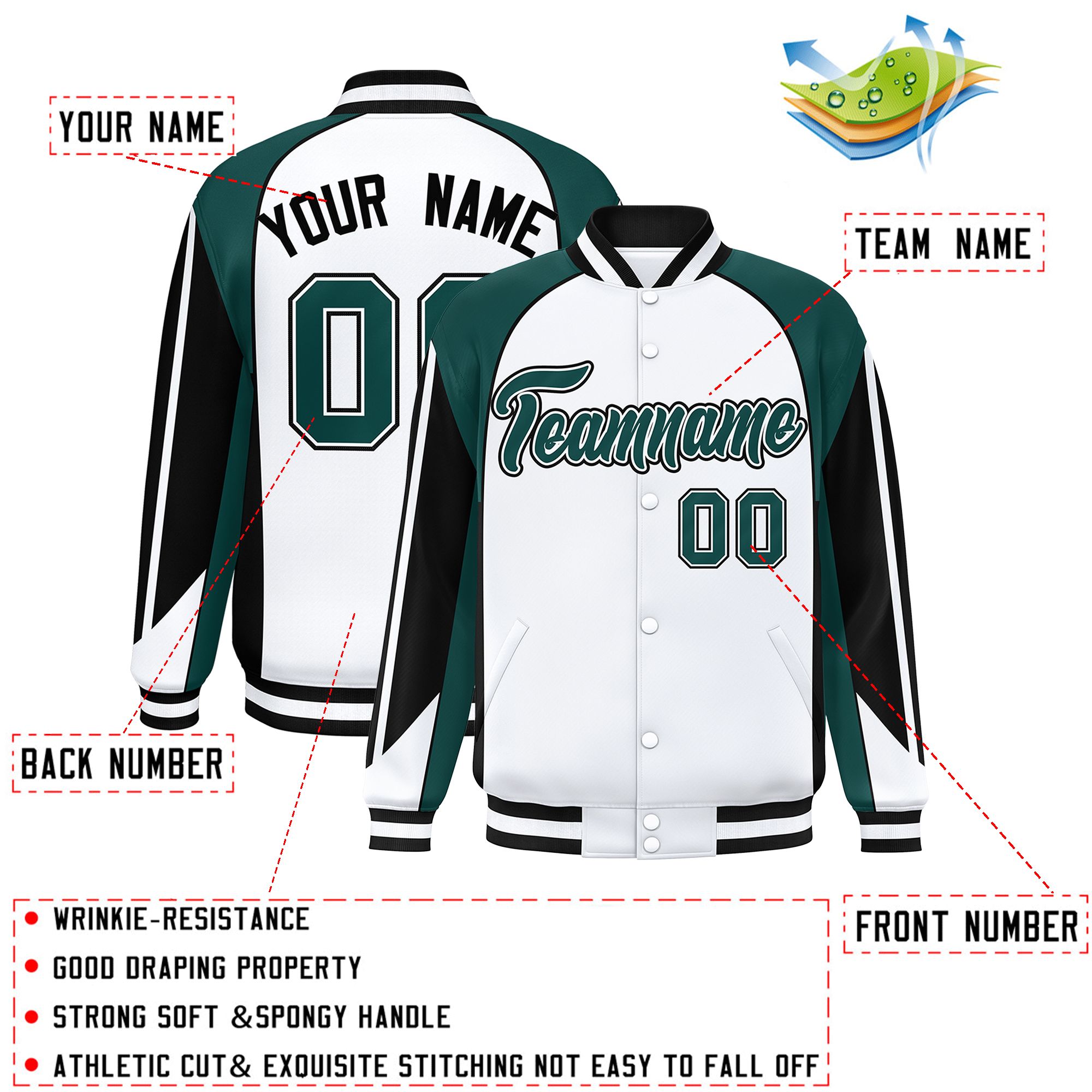 Custom White Midnight Green Varsity Full-Snap Personalized Raglan Sleeves Color Block Letterman Jacket