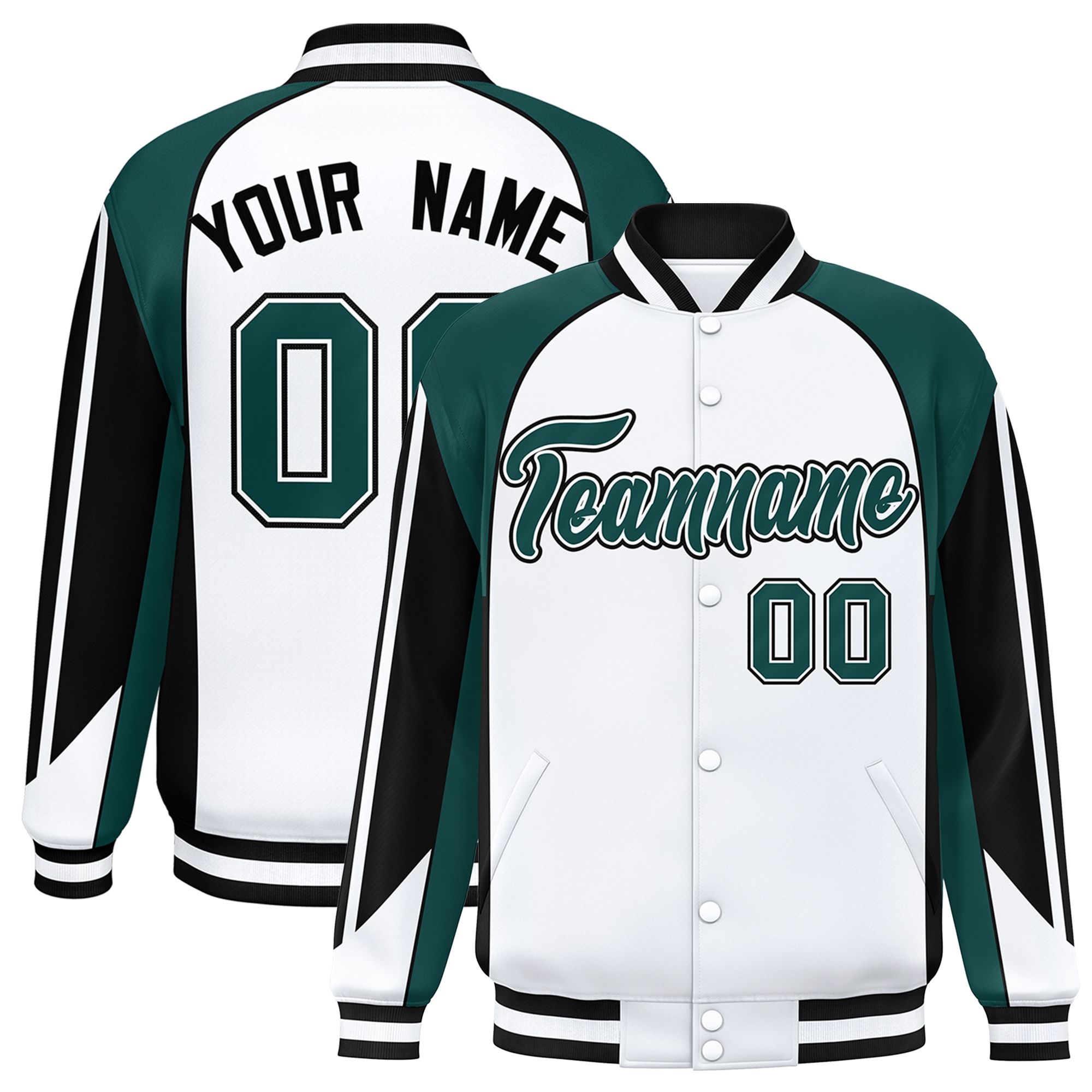 Custom White Midnight Green Varsity Full-Snap Personalized Raglan Sleeves Color Block Letterman Jacket