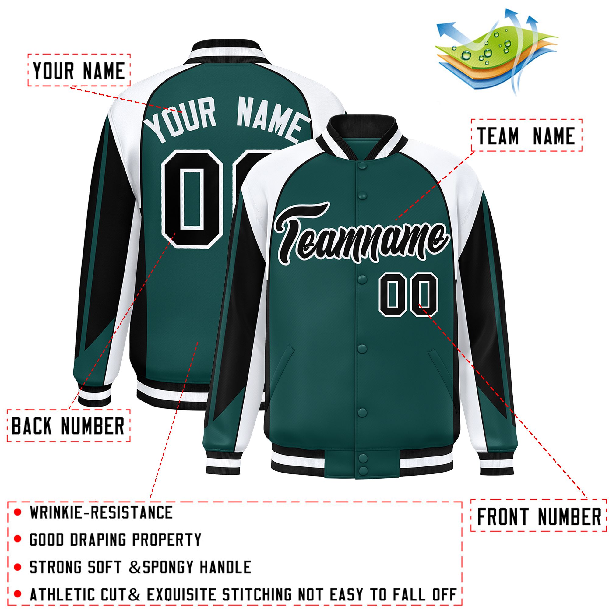 Custom Midnight Green White Varsity Full-Snap Personalized Raglan Sleeves Color Block Letterman Jacket