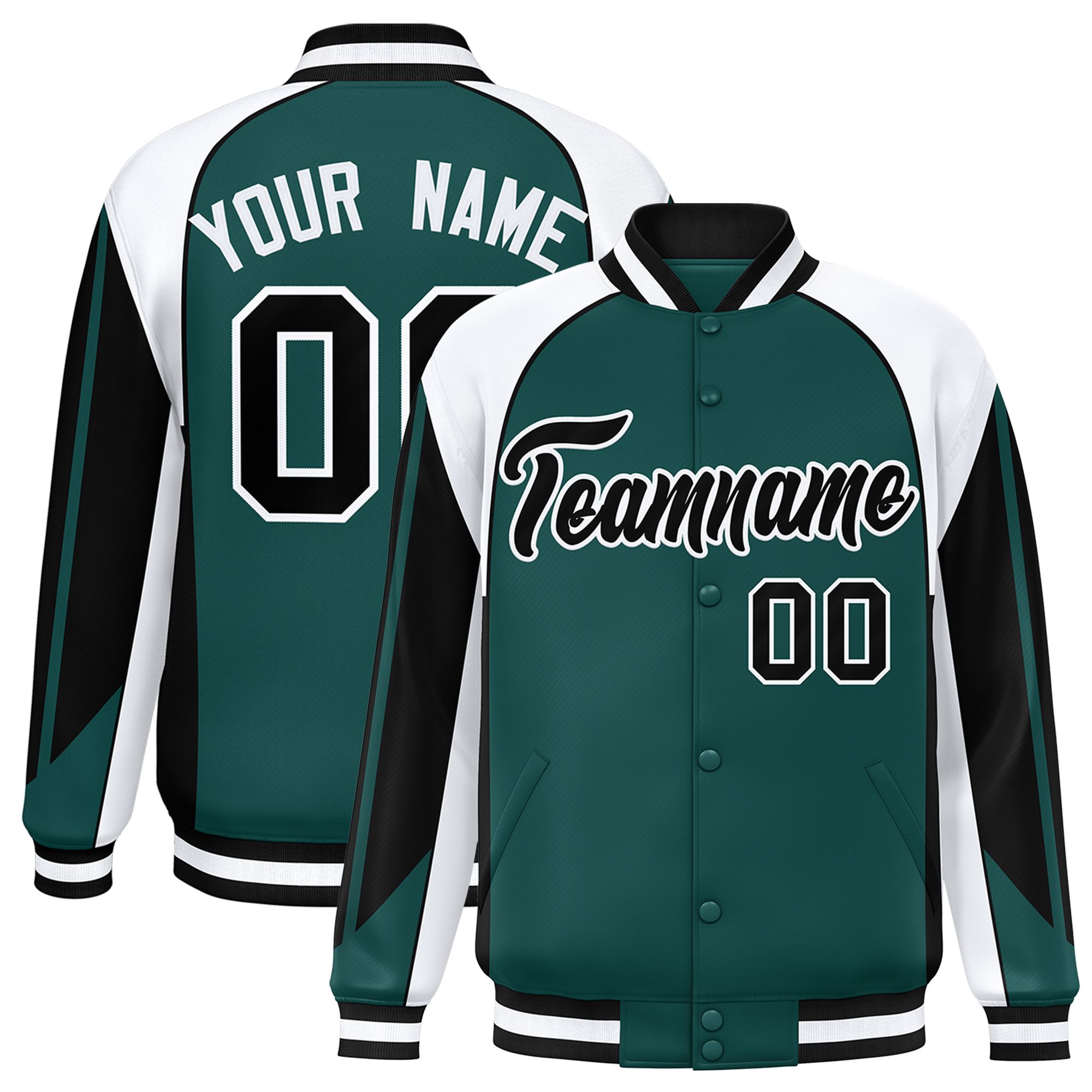 Custom Midnight Green White Varsity Full-Snap Personalized Raglan Sleeves Color Block Letterman Jacket