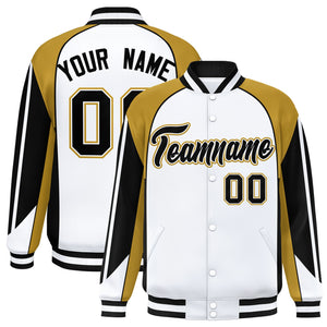 Custom White Old Gold Varsity Full-Snap Personalized Raglan Sleeves Color Block Letterman Jacket