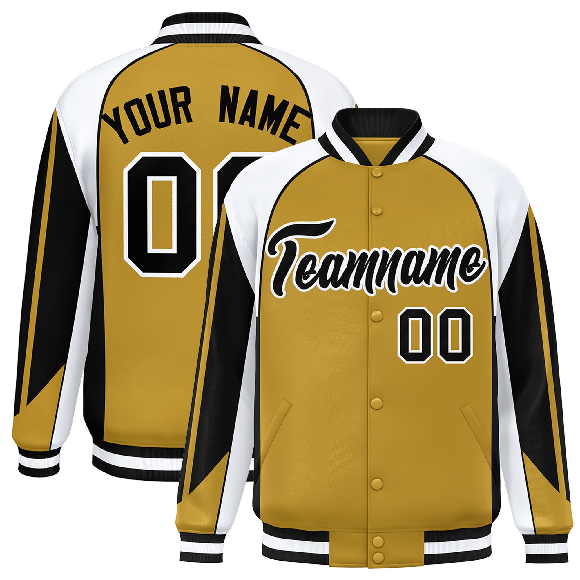 Custom Old Gold White Varsity Full-Snap Personalized Raglan Sleeves Color Block Letterman Jacket