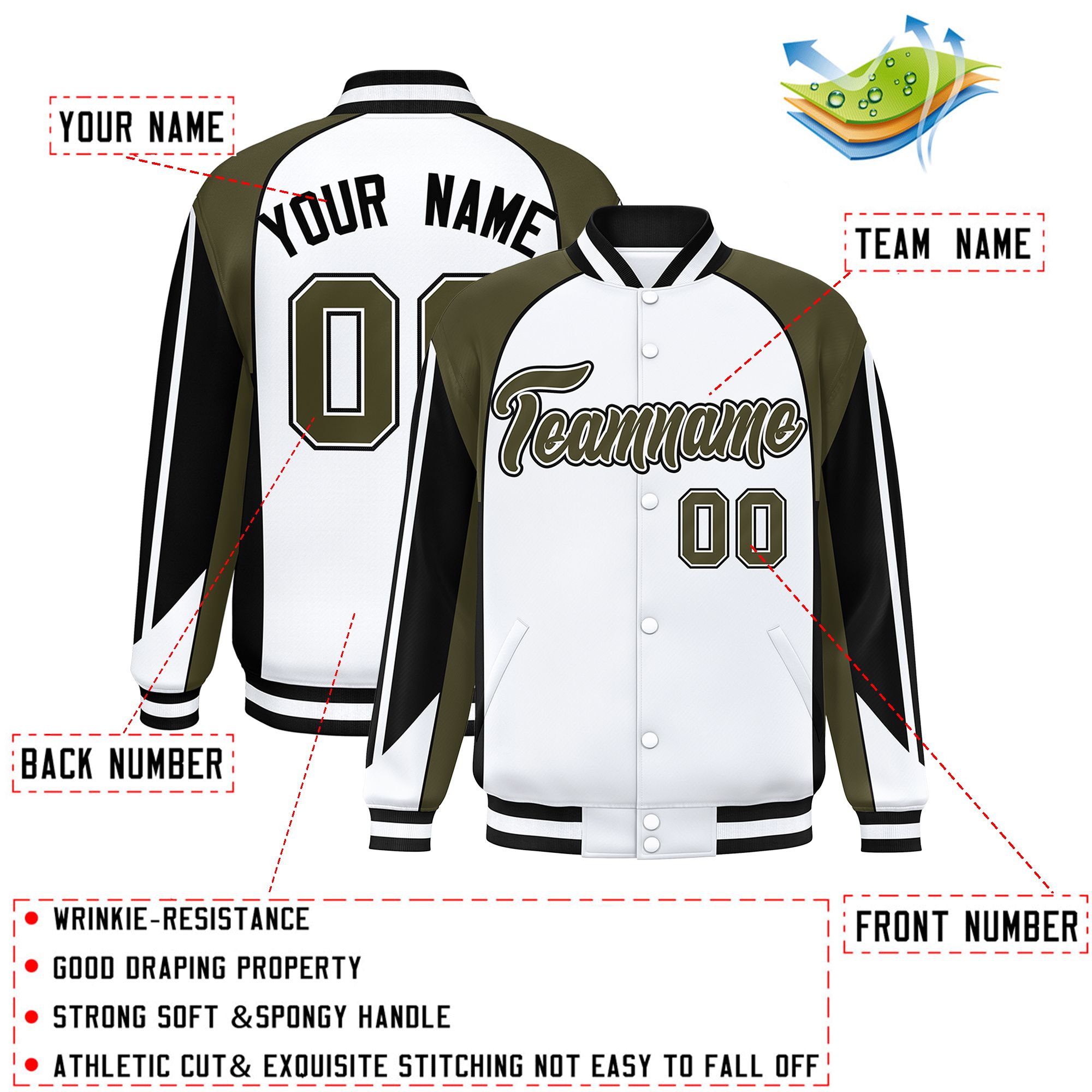 Custom White Olive Varsity Full-Snap Personalized Raglan Sleeves Color Block Letterman Jacket