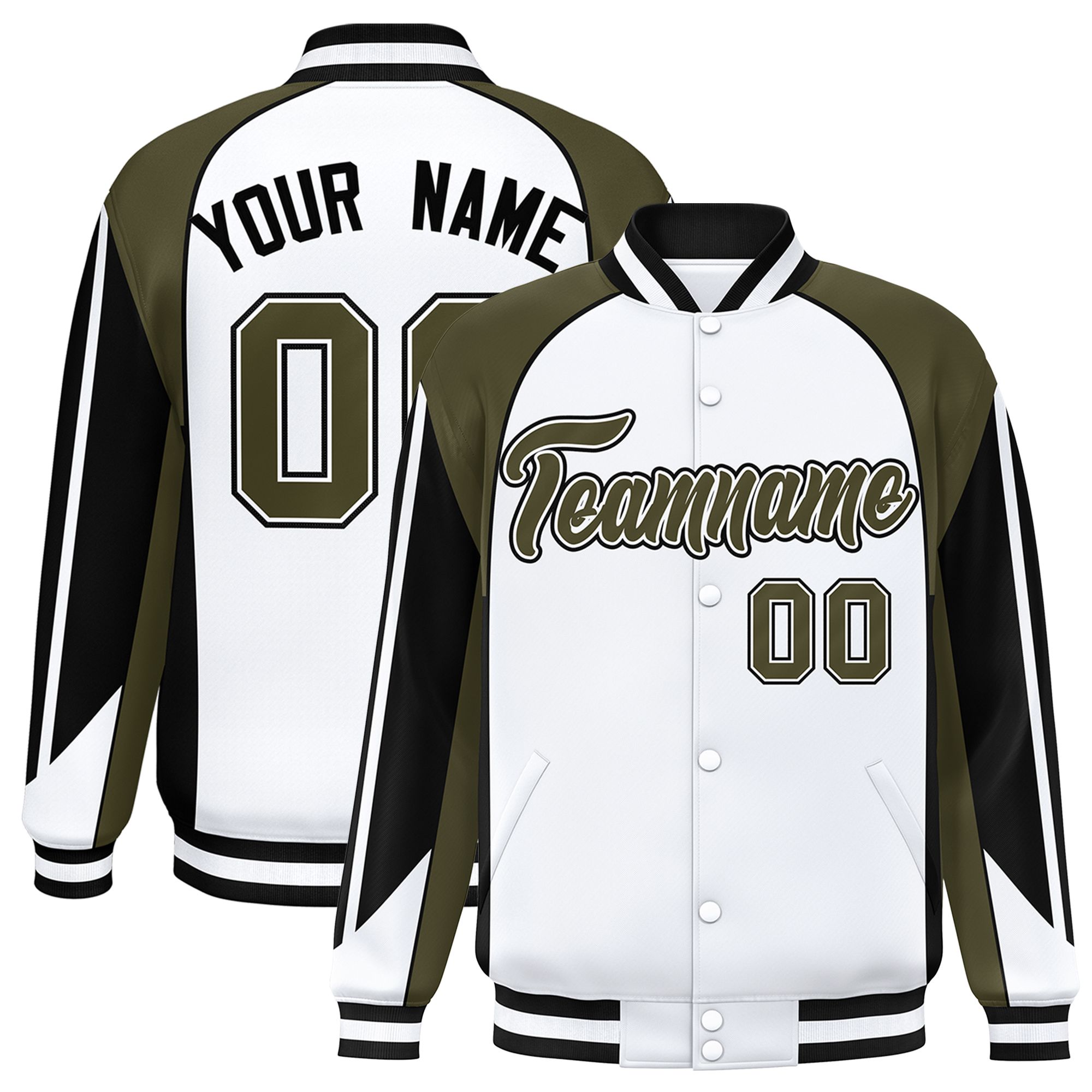 Custom White Olive Varsity Full-Snap Personalized Raglan Sleeves Color Block Letterman Jacket