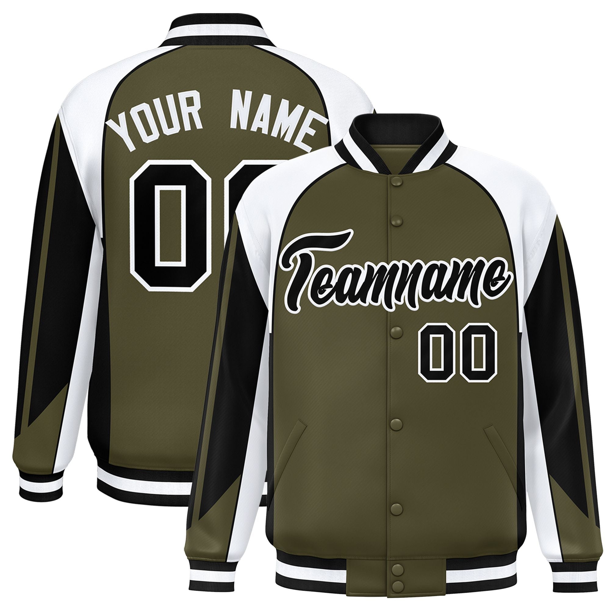 Custom Olive White Varsity Full-Snap Personalized Raglan Sleeves Color Block Letterman Jacket