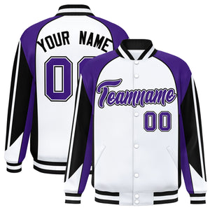 Custom White Purple Varsity Full-Snap Personalized Raglan Sleeves Color Block Letterman Jacket