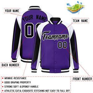 Custom Purple White Varsity Full-Snap Personalized Raglan Sleeves Color Block Letterman Jacket