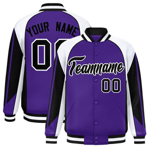 Custom Purple White Varsity Full-Snap Personalized Raglan Sleeves Color Block Letterman Jacket