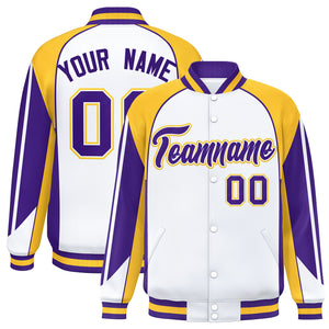 Custom White Gold Varsity Full-Snap Personalized Raglan Sleeves Color Block Letterman Jacket