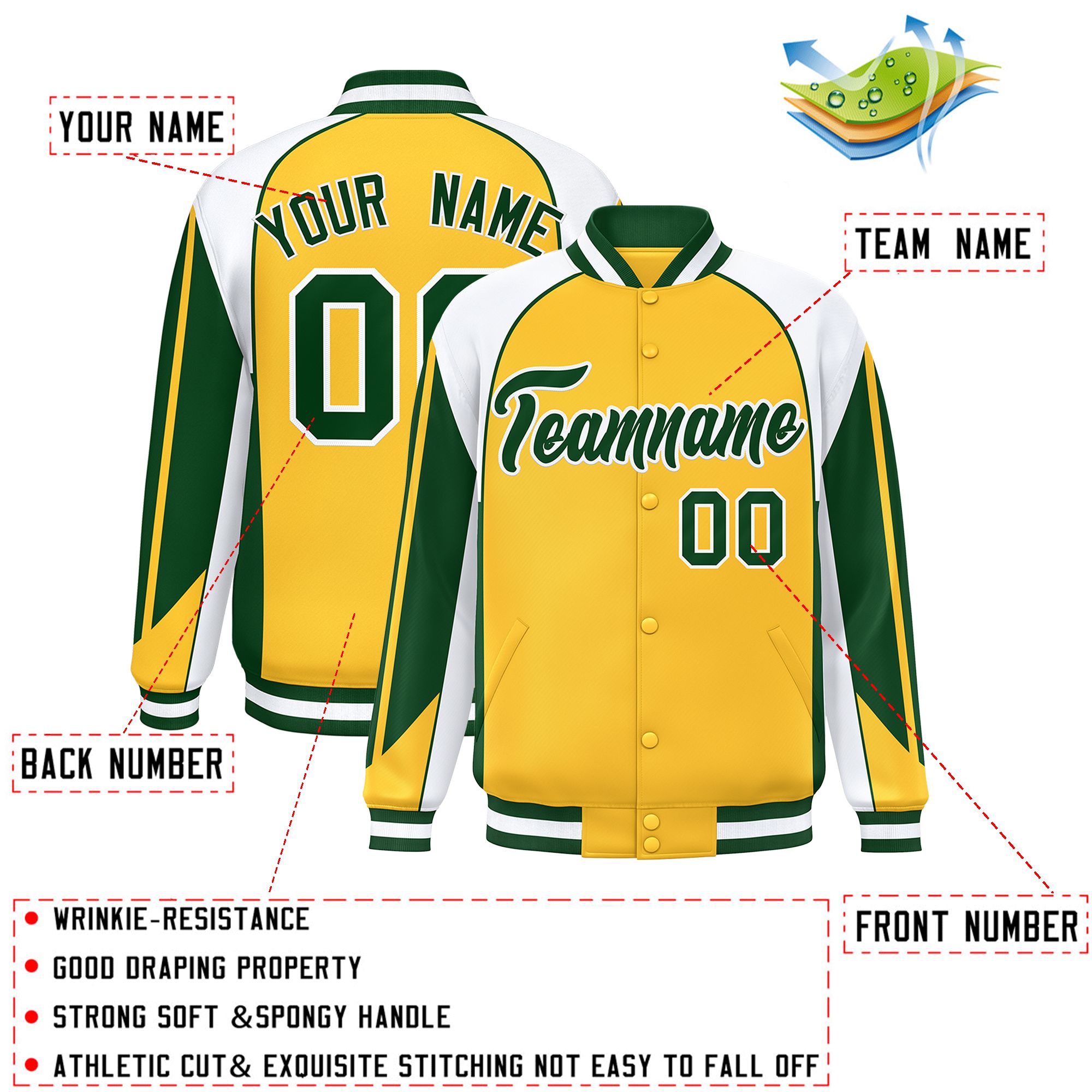 Custom Gold White Varsity Full-Snap Personalized Raglan Sleeves Color Block Letterman Jacket