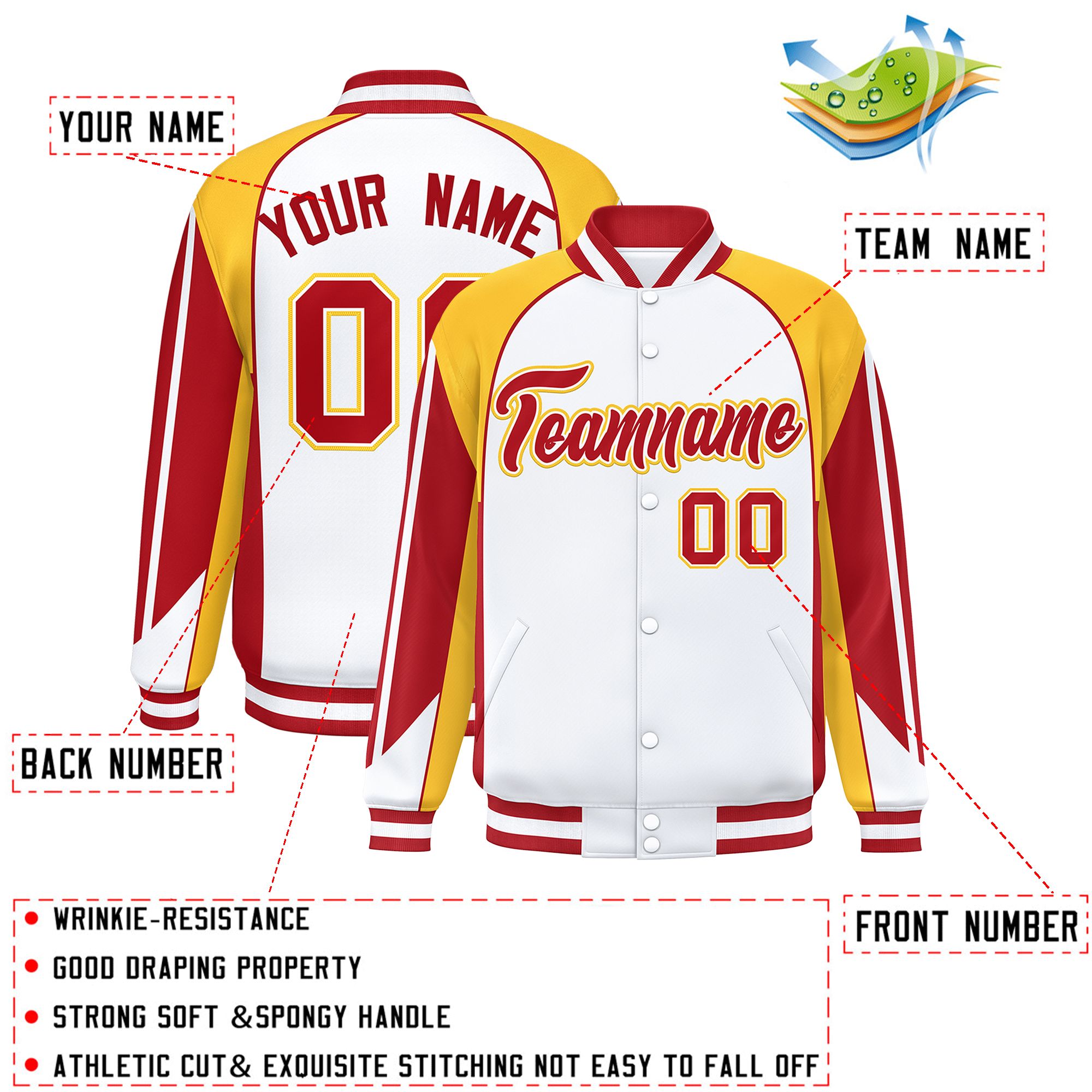 Custom White Gold Varsity Full-Snap Personalized Raglan Sleeves Color Block Letterman Jacket