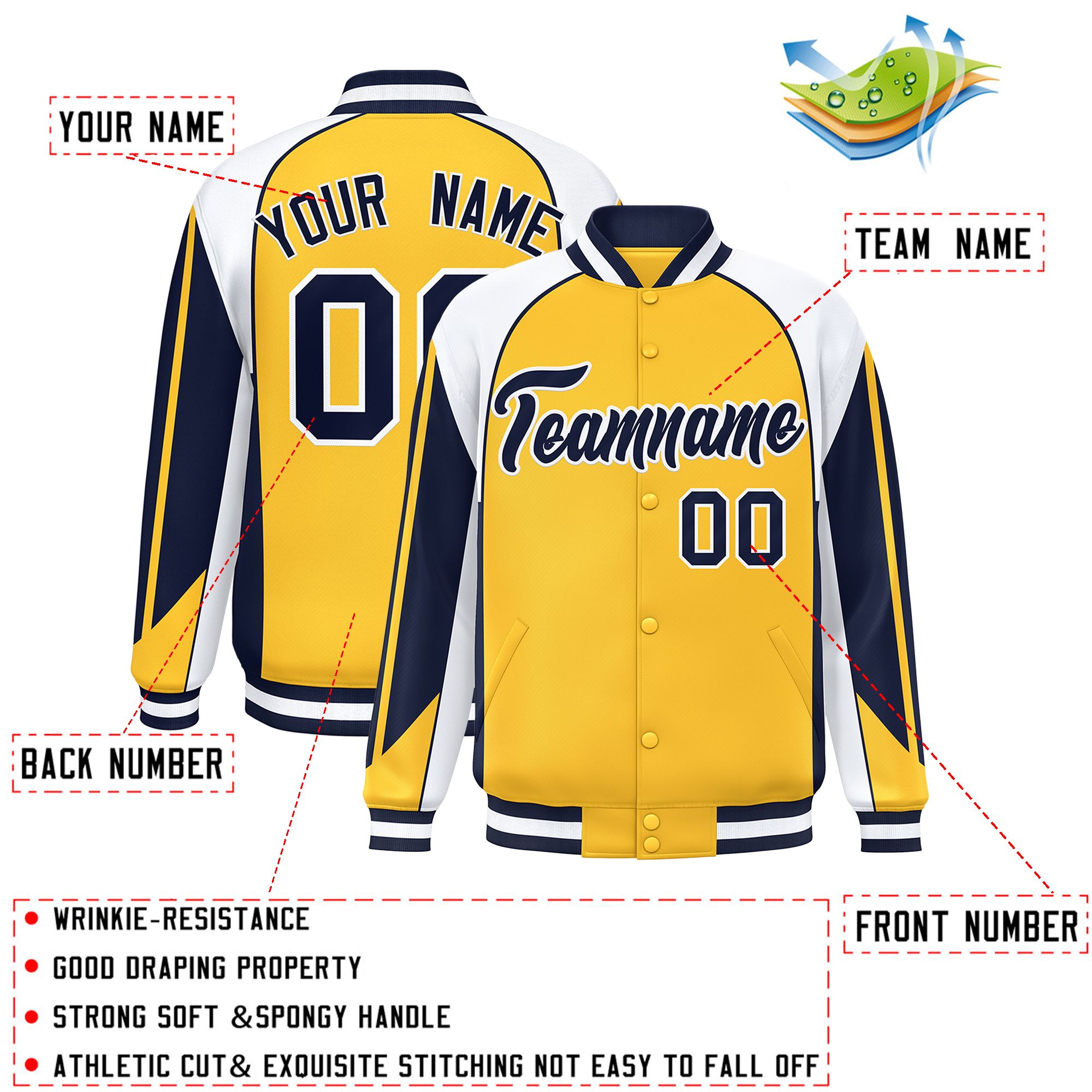 Custom Gold White Varsity Full-Snap Personalized Raglan Sleeves Color Block Letterman Jacket