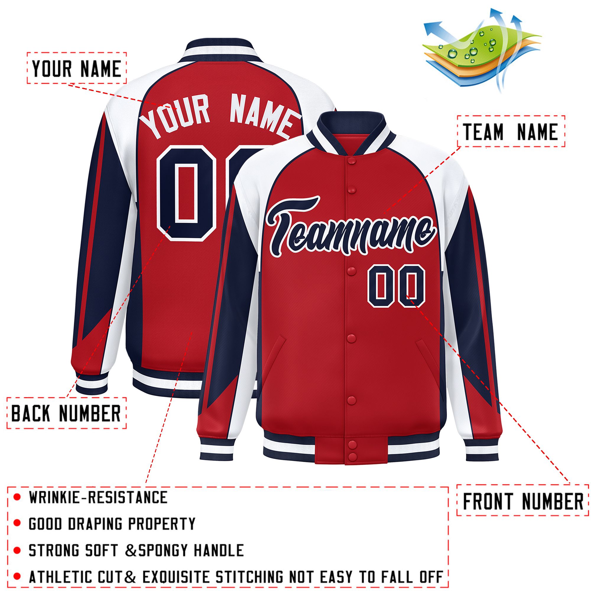 Custom Red White Varsity Full-Snap Personalized Raglan Sleeves Color Block Letterman Jacket