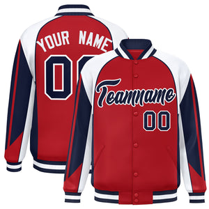 Custom Red White Varsity Full-Snap Personalized Raglan Sleeves Color Block Letterman Jacket