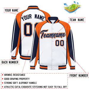 Custom White Orange Varsity Full-Snap Personalized Raglan Sleeves Color Block Letterman Jacket