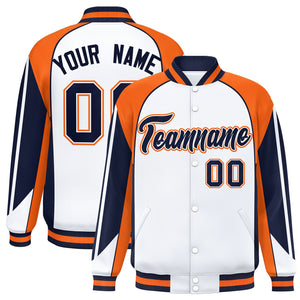 Custom White Orange Varsity Full-Snap Personalized Raglan Sleeves Color Block Letterman Jacket