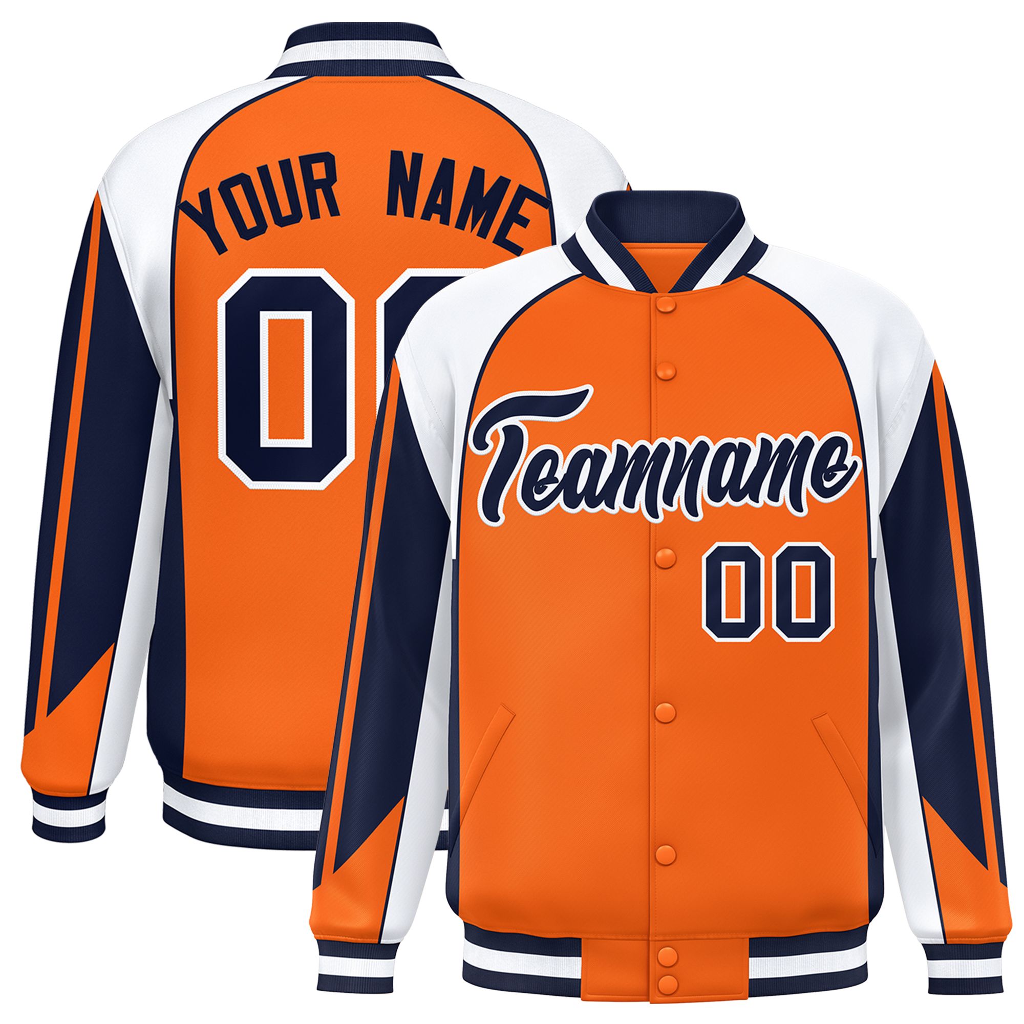 Custom Orange White Varsity Full-Snap Personalized Raglan Sleeves Color Block Letterman Jacket