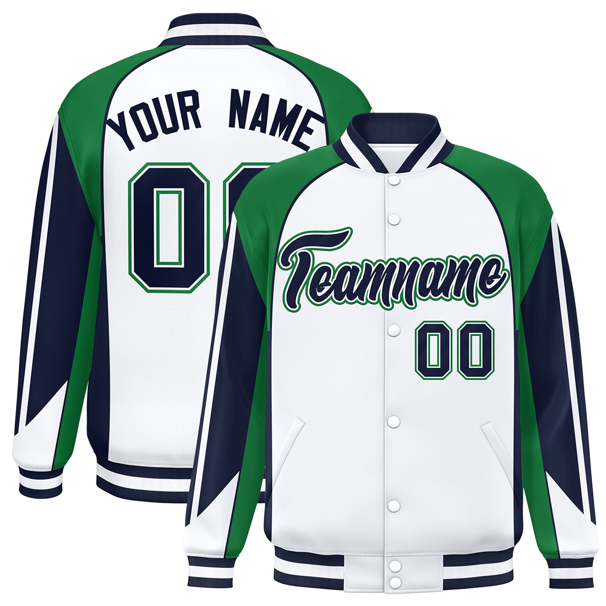 Custom White Kelly Green Varsity Full-Snap Personalized Raglan Sleeves Color Block Letterman Jacket