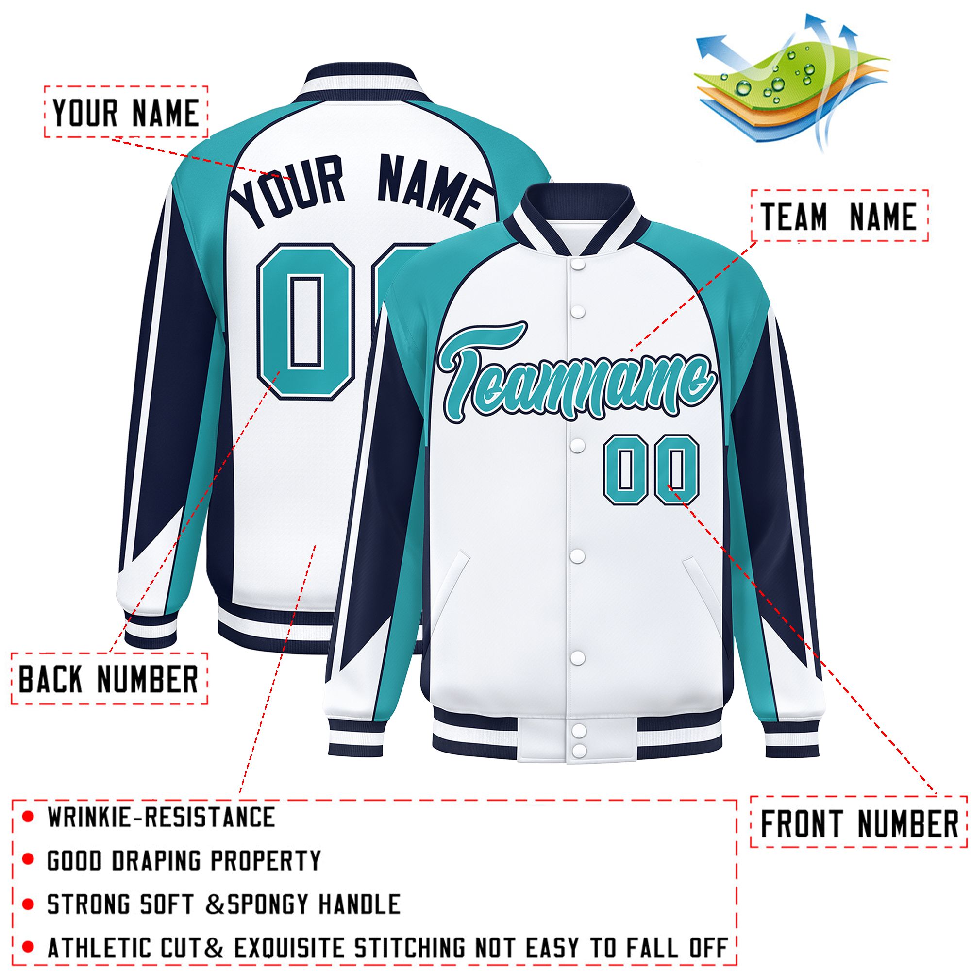 Custom White Aqua Varsity Full-Snap Personalized Raglan Sleeves Color Block Letterman Jacket