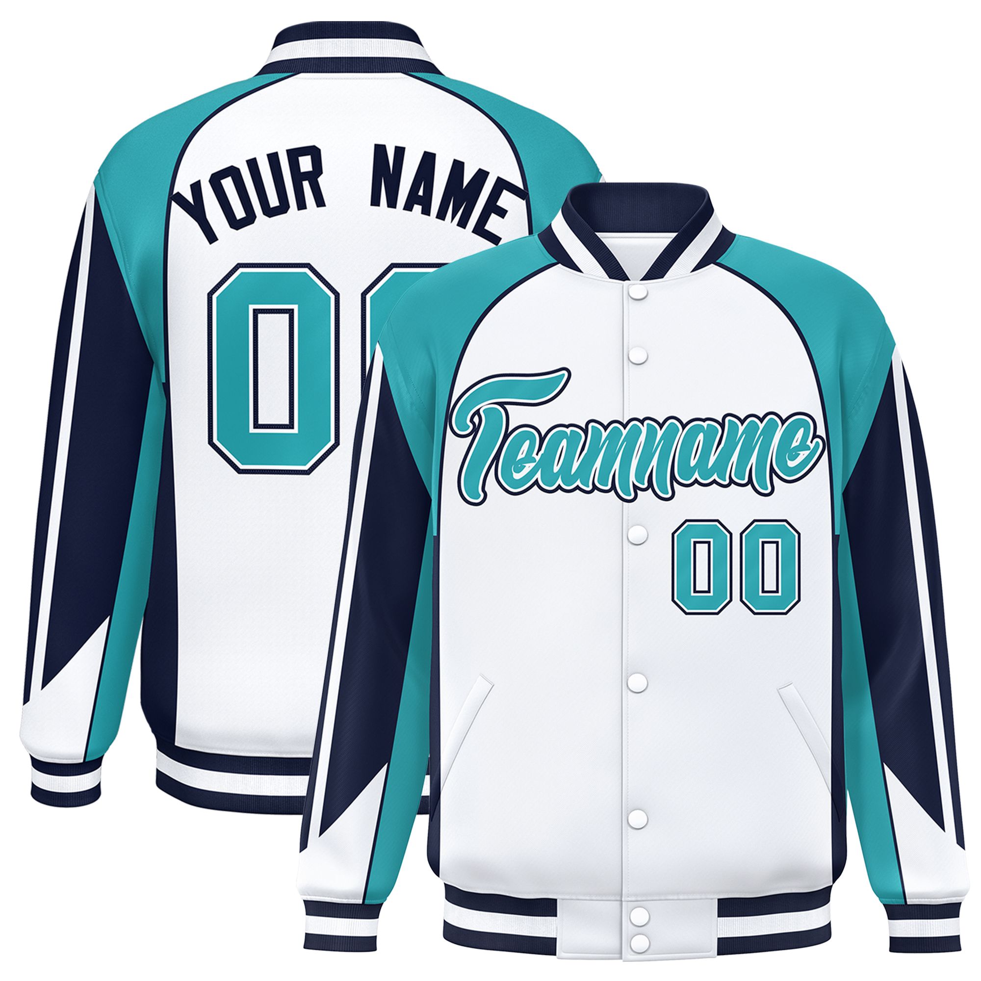 Custom White Aqua Varsity Full-Snap Personalized Raglan Sleeves Color Block Letterman Jacket