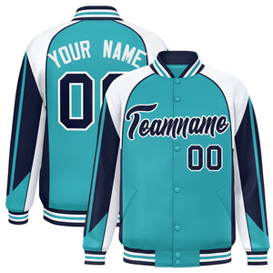 Custom Aqua White Varsity Full-Snap Personalized Raglan Sleeves Color Block Letterman Jacket