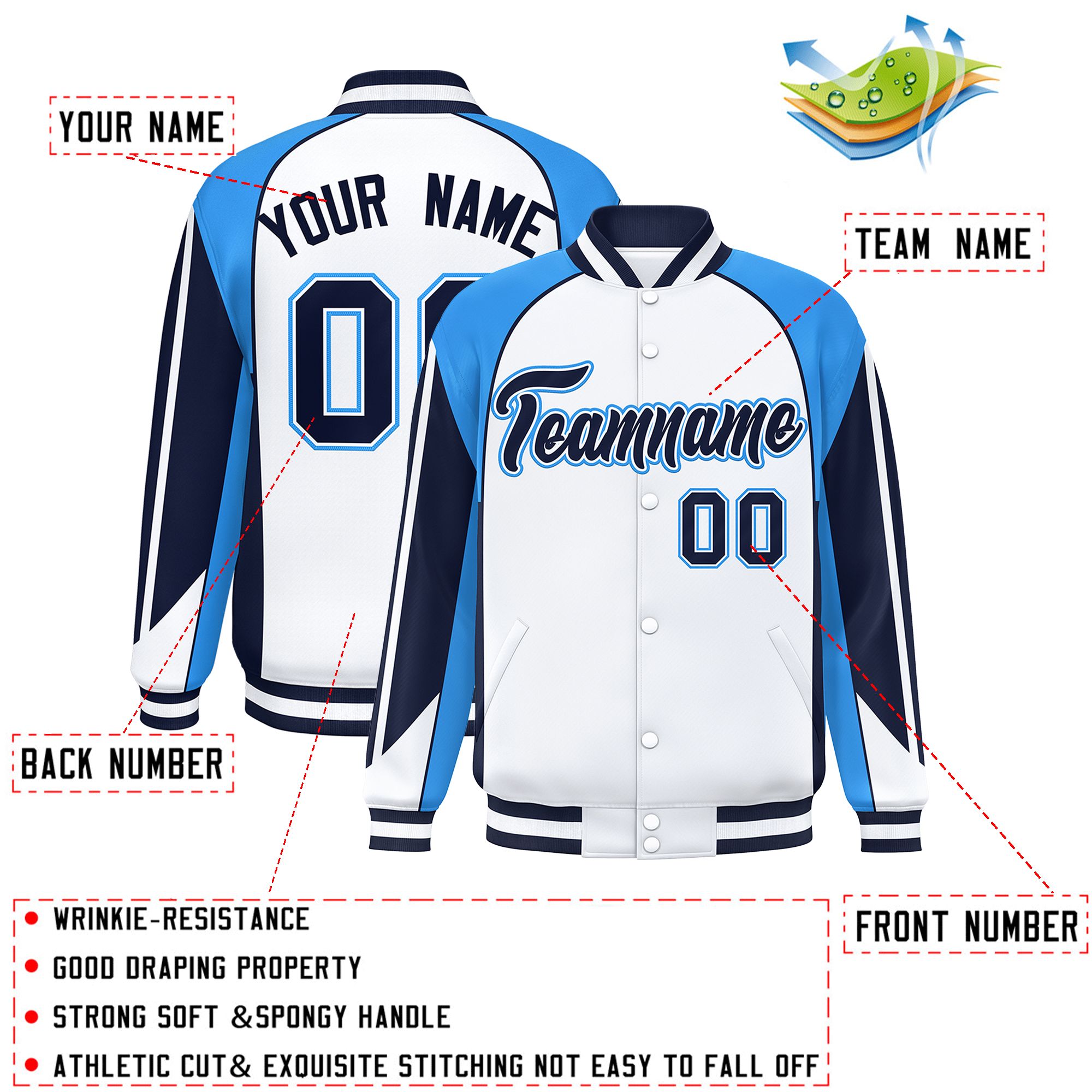 Custom White Powder Blue Varsity Full-Snap Personalized Raglan Sleeves Color Block Letterman Jacket