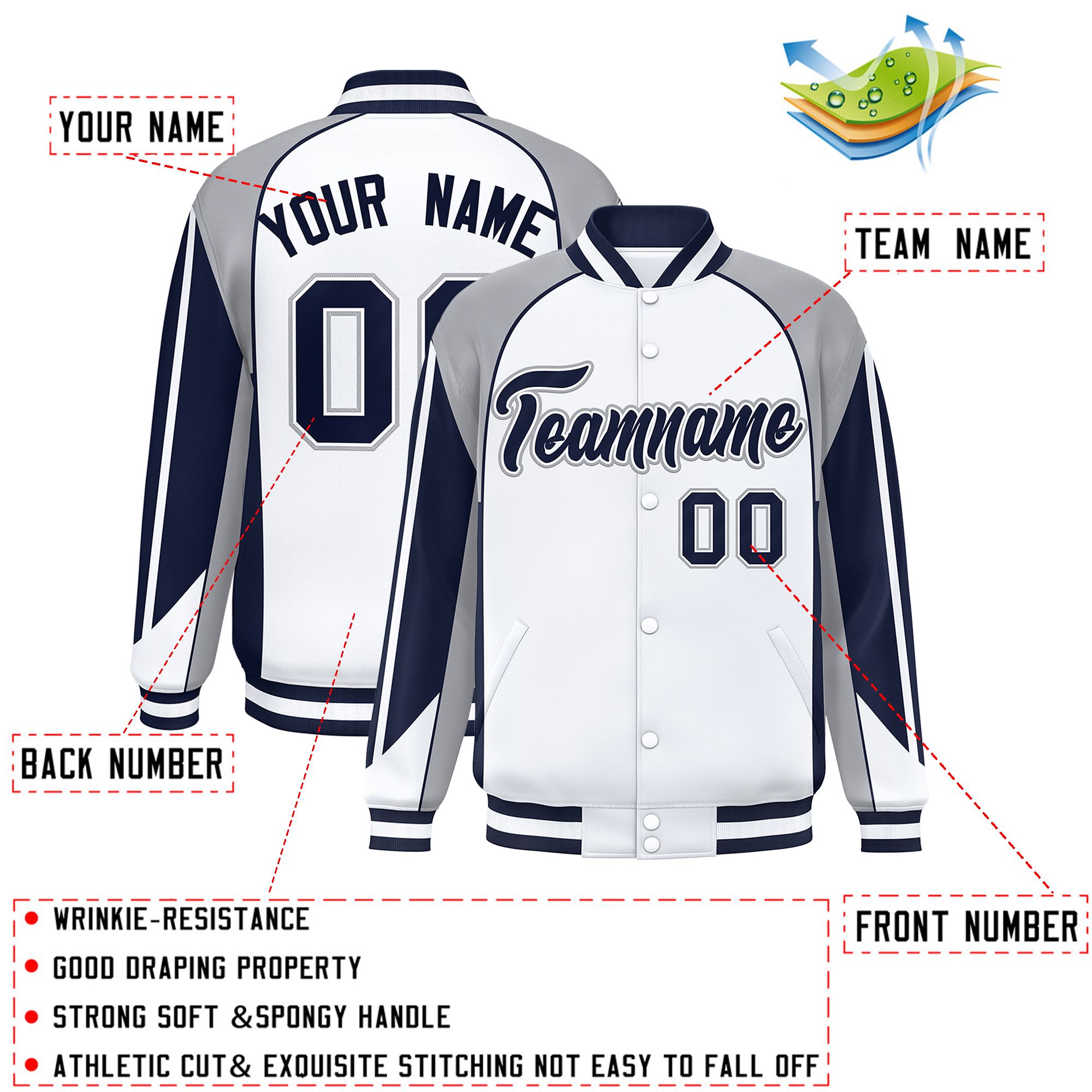 Custom White Gray Varsity Full-Snap Personalized Raglan Sleeves Color Block Letterman Jacket