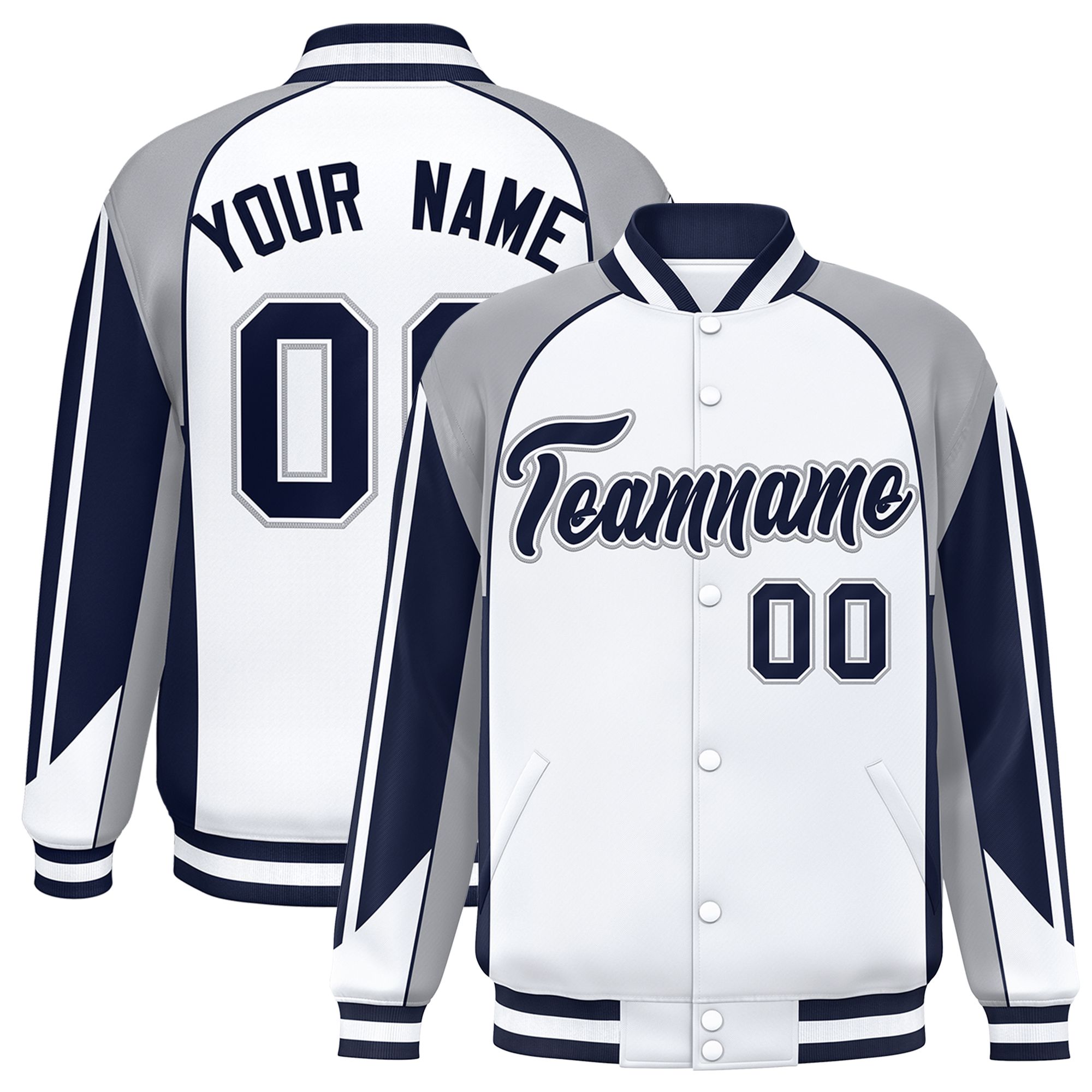 Custom White Gray Varsity Full-Snap Personalized Raglan Sleeves Color Block Letterman Jacket