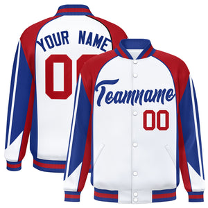 Custom White Red Varsity Full-Snap Personalized Raglan Sleeves Color Block Letterman Jacket