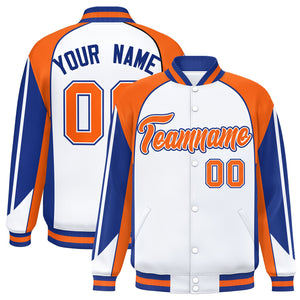 Custom White Orange Varsity Full-Snap Personalized Raglan Sleeves Color Block Letterman Jacket