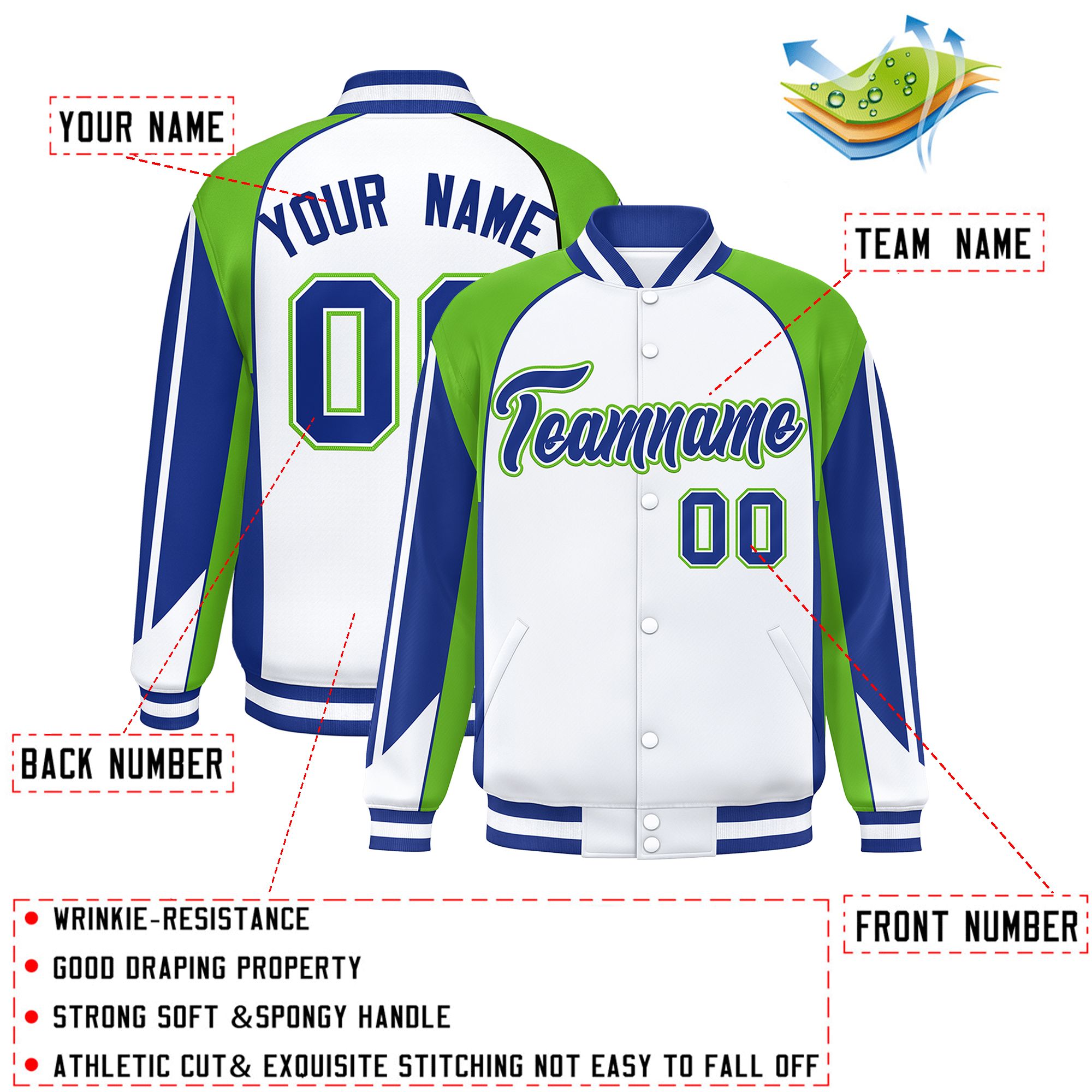 Custom White Green Varsity Full-Snap Personalized Raglan Sleeves Color Block Letterman Jacket