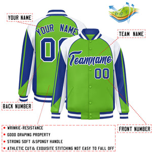 Custom Green White Varsity Full-Snap Personalized Raglan Sleeves Color Block Letterman Jacket