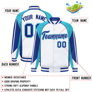 Custom White Sky Blue Varsity Full-Snap Personalized Raglan Sleeves Color Block Letterman Jacket