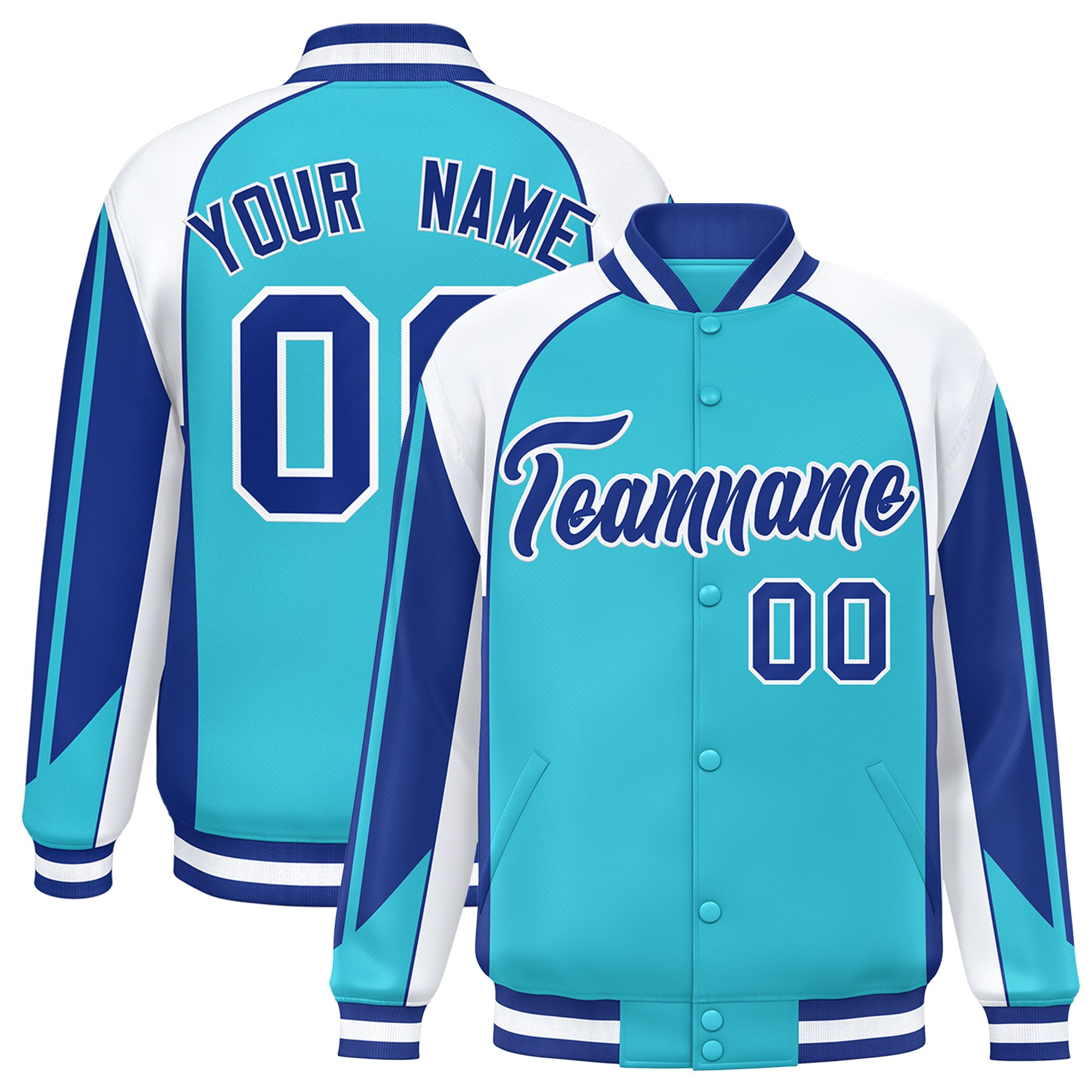 Custom Sky Blue White Varsity Full-Snap Personalized Raglan Sleeves Color Block Letterman Jacket