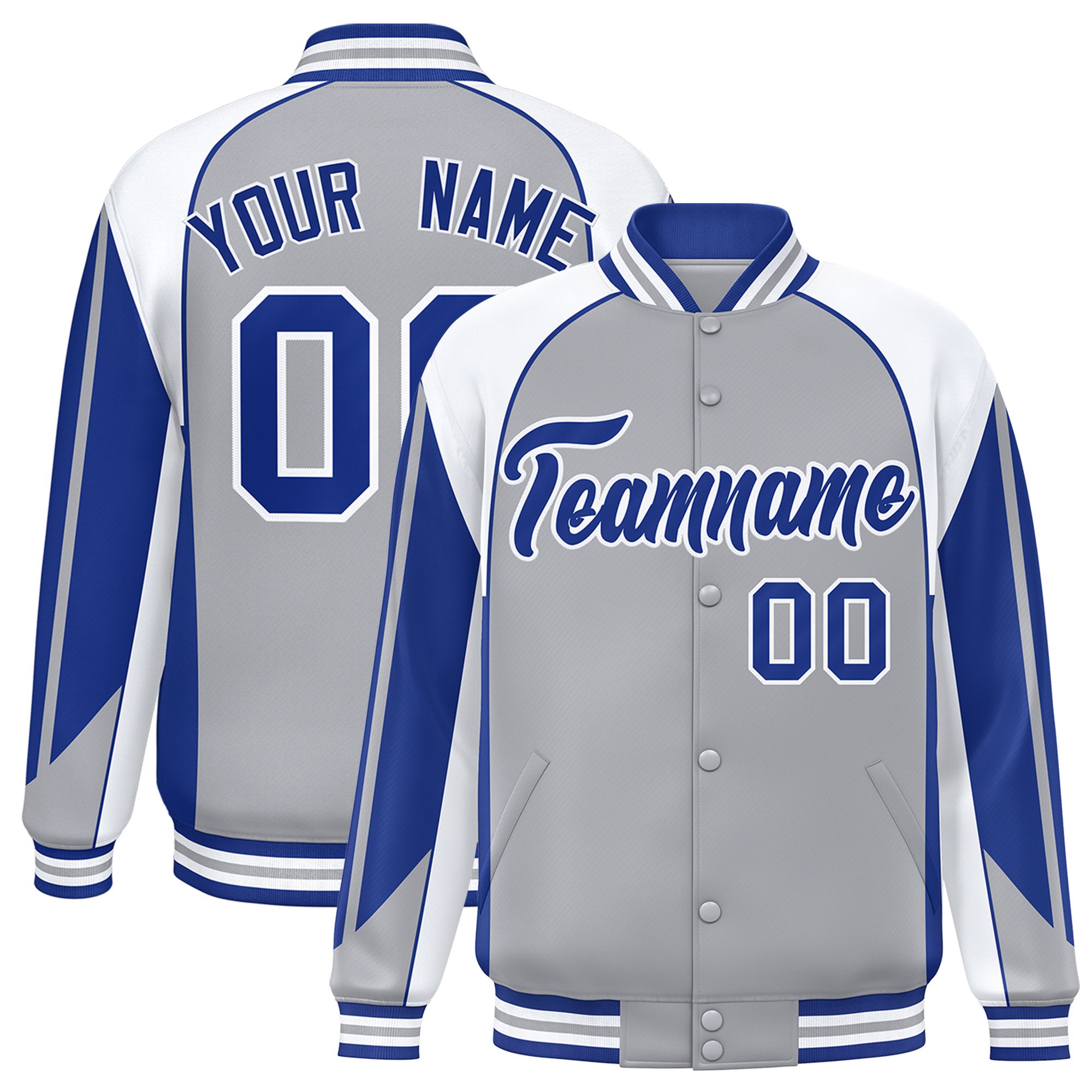 Custom Gray White Varsity Full-Snap Personalized Raglan Sleeves Color Block Letterman Jacket