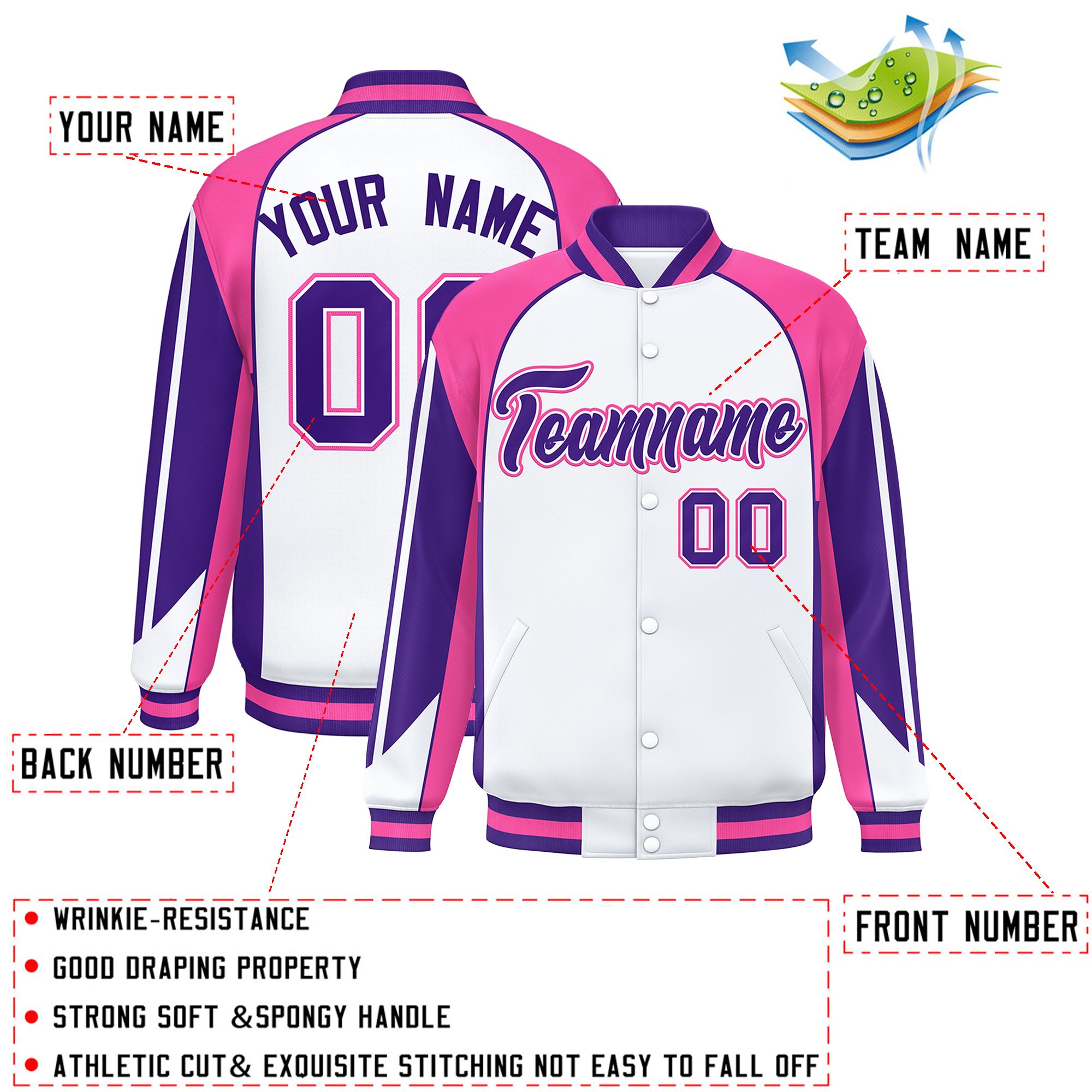 Custom White Pink Varsity Full-Snap Personalized Raglan Sleeves Color Block Letterman Jacket