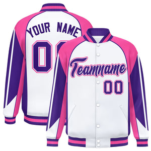 Custom White Pink Varsity Full-Snap Personalized Raglan Sleeves Color Block Letterman Jacket