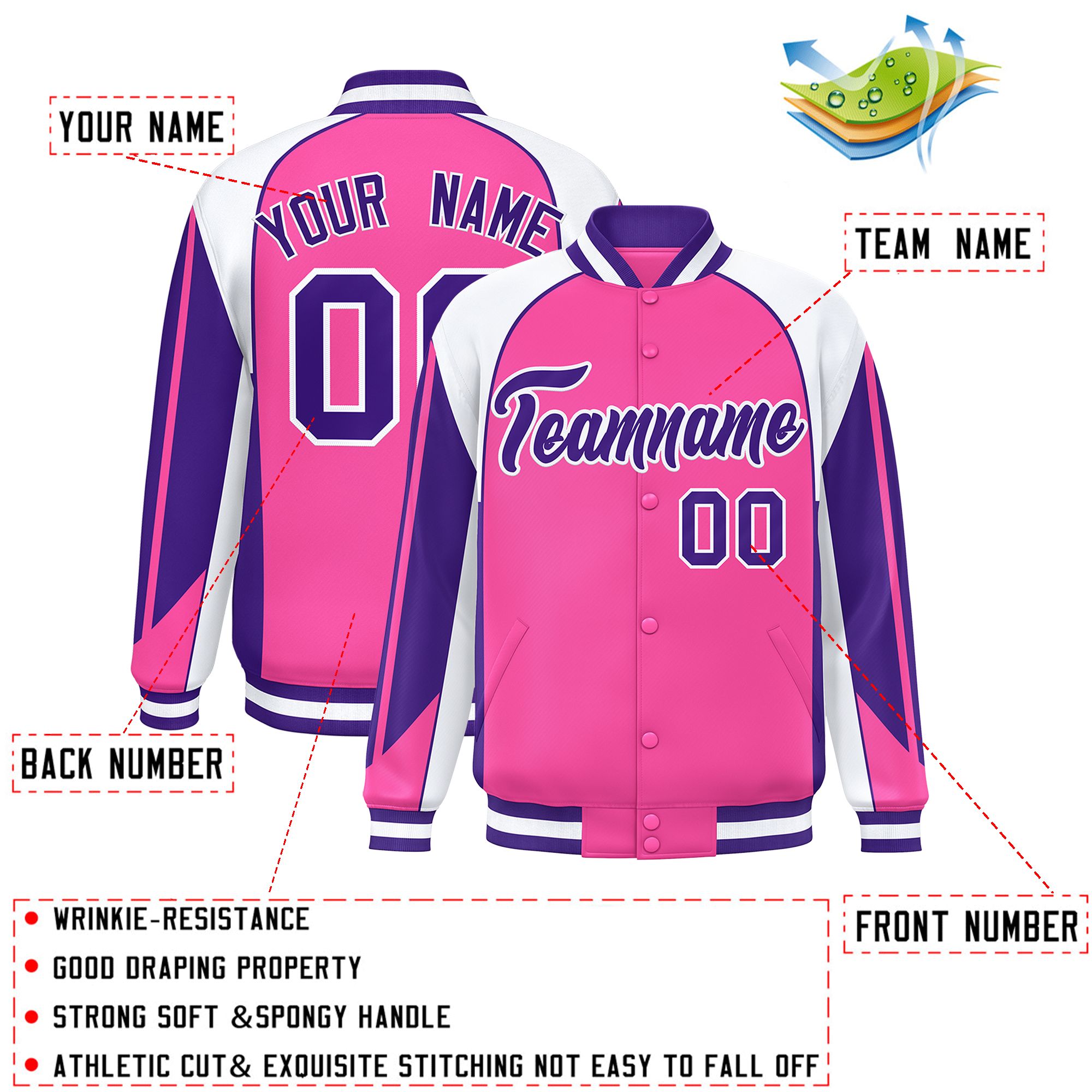 Custom Pink White Varsity Full-Snap Personalized Raglan Sleeves Color Block Letterman Jacket