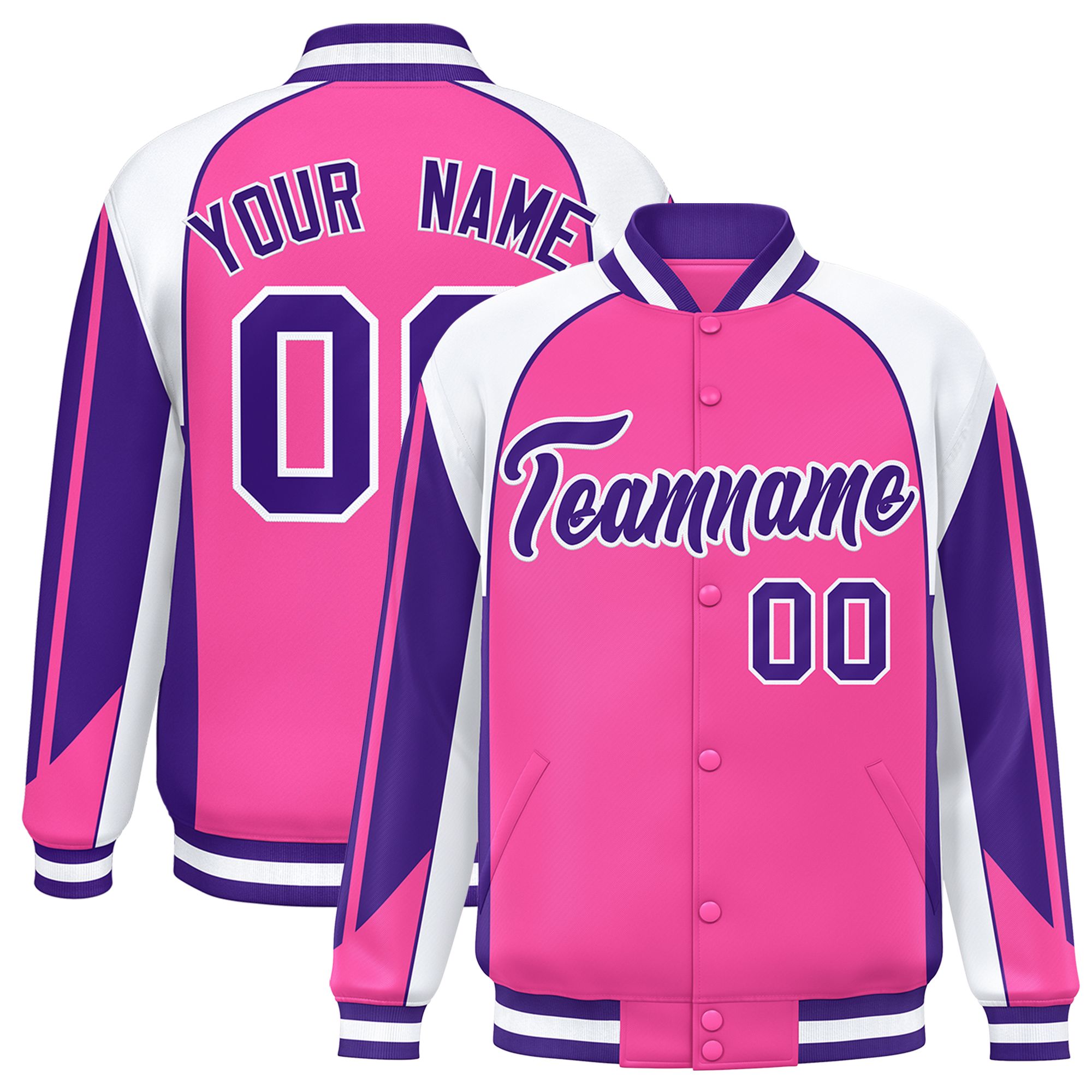 Custom Pink White Varsity Full-Snap Personalized Raglan Sleeves Color Block Letterman Jacket