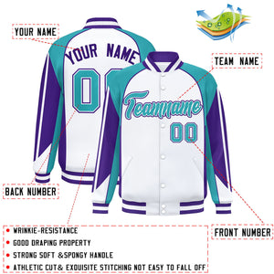 Custom White Aqua Varsity Full-Snap Personalized Raglan Sleeves Color Block Letterman Jacket