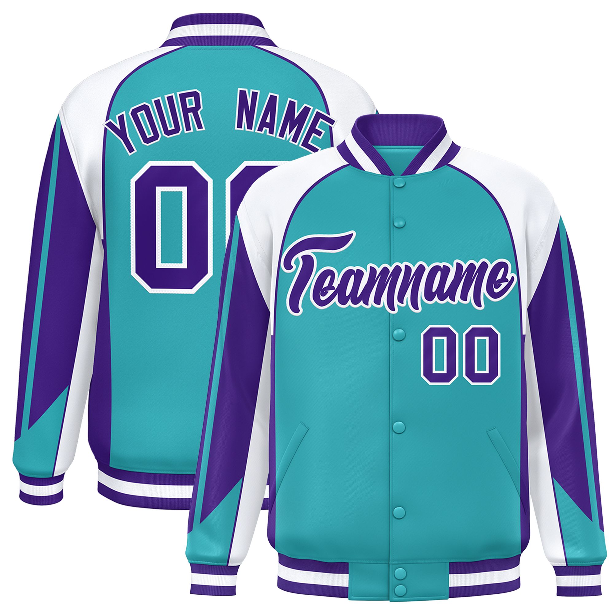 Custom Aqua White Varsity Full-Snap Personalized Raglan Sleeves Color Block Letterman Jacket