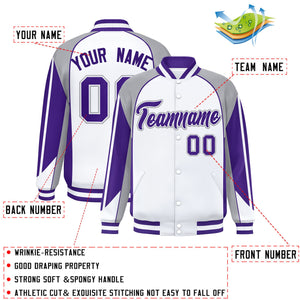 Custom White Gray Varsity Full-Snap Personalized Raglan Sleeves Color Block Letterman Jacket