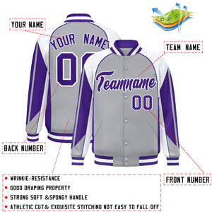 Custom Gray White Varsity Full-Snap Personalized Raglan Sleeves Color Block Letterman Jacket