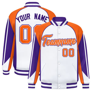 Custom White Orange Varsity Full-Snap Personalized Raglan Sleeves Color Block Letterman Jacket