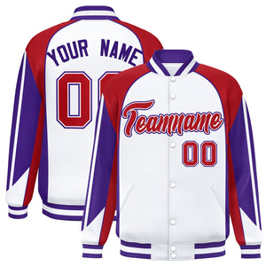 Custom White Red Varsity Full-Snap Personalized Raglan Sleeves Color Block Letterman Jacket