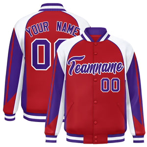 Custom Red White Varsity Full-Snap Personalized Raglan Sleeves Color Block Letterman Jacket