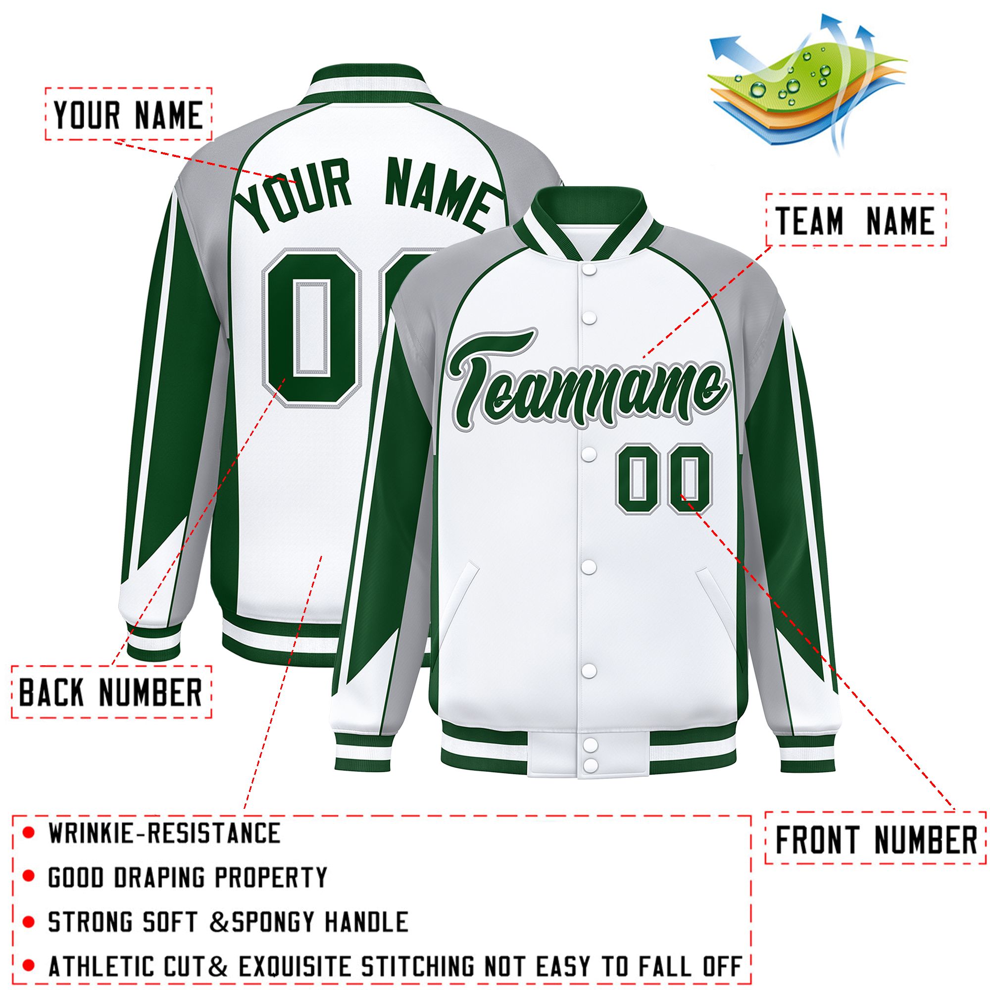 Custom White Gray Varsity Full-Snap Personalized Raglan Sleeves Color Block Letterman Jacket