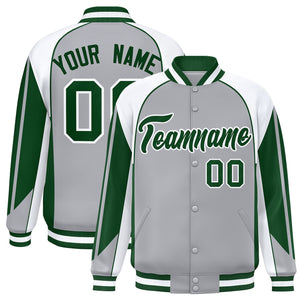 Custom Gray White Varsity Full-Snap Personalized Raglan Sleeves Color Block Letterman Jacket